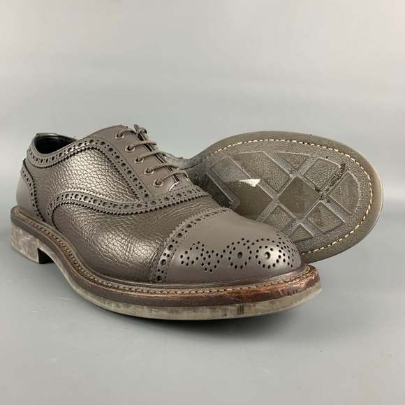 FOOT THE COACHER Grey Perforated Leather Cap Toe Lace-Up Shoes - Picture 3 of 9